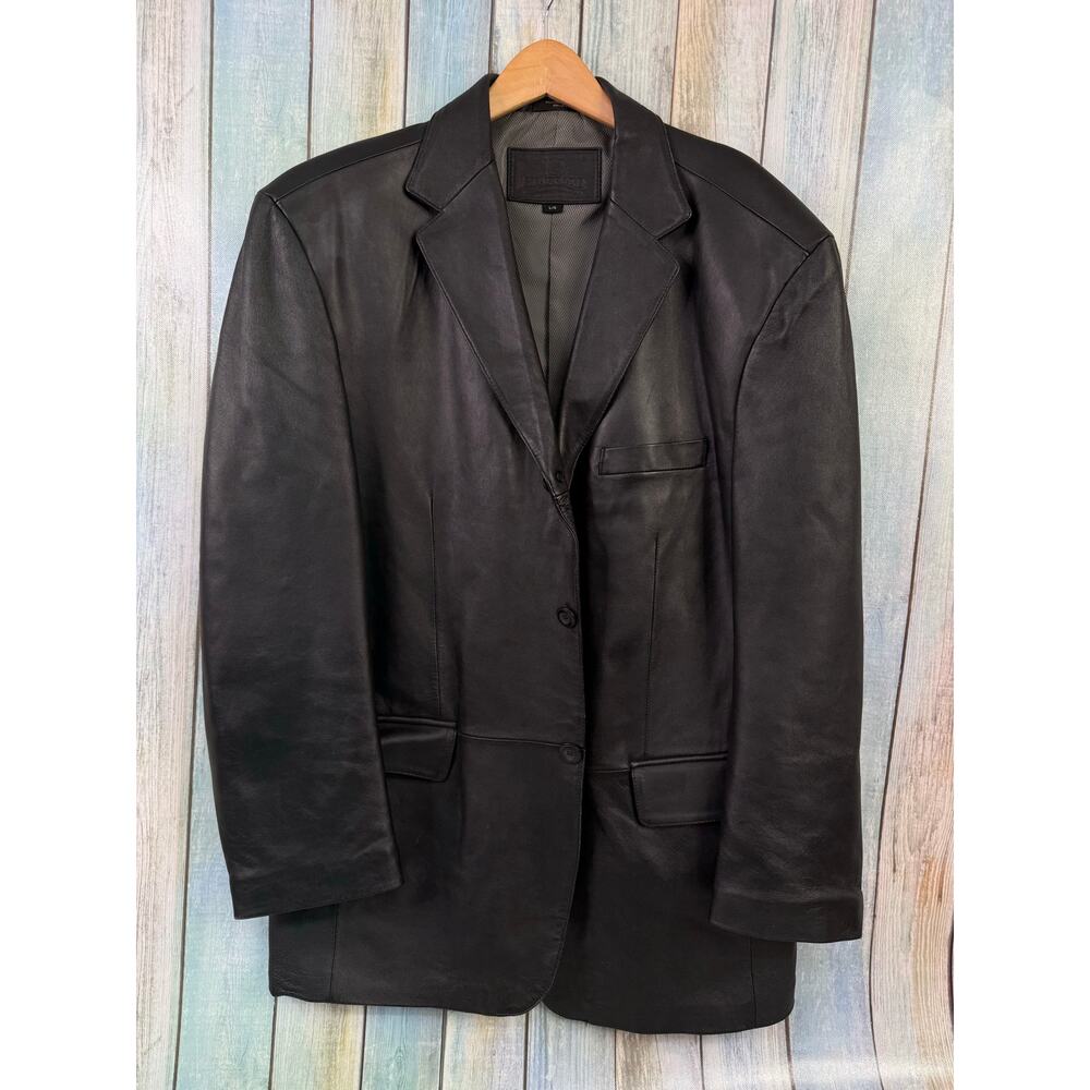 Stafford Executive Black Leather Blazer Size Large Two Button Biker Wedding